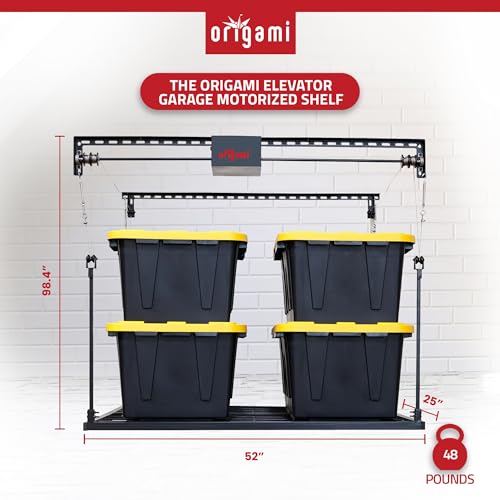 Origami Motorized Garage Ceiling Storage Rack, 52" x 25" Heavy-Duty Overhead Lift System with 250 lbs Capacity for Storing Decorations or Equipment