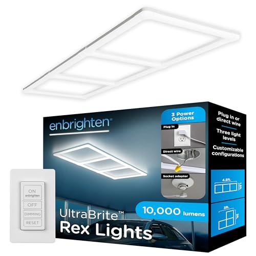 Enbrighten Ultrabrite Garage Lights, 10 Pack, 3 Rex, LED Gym Lighting, 10,000 Lumens, Dimmable with Remote, 5000K Bright White, Plug‑in or Hardwire, Hex Style, ETL Certified, 85814