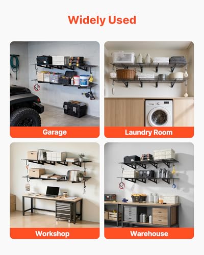 VEVOR 2-Pack Heavy Duty Garage Wall Shelving, 2 x 6 ft Steel Wall Mounted Shelving Unit with Hooks, 24 x 72 Inch Per Shelf Floating Storage Metal Rack, 1000 lbs Total Weight Capacity