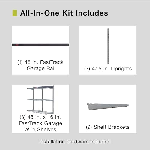 Rubbermaid Fasttrack Rail Storage 48"x16" 3-Shelf Kit, 350 lbs. Per Shelf, for Home/Garage/Shed/Workshop Organization