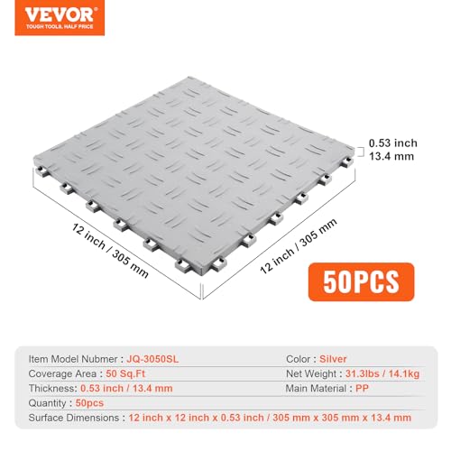VEVOR Garage Floor Tiles 12 x 12 x 0.53 inch, Interlocking Design Ease of Installation Double-Sided Texture Non-Slip Sturdiness, for Garages, Basements, Repair Shops, Silver, 50 Pack