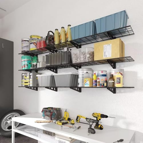 FLEXIMOUNTS 3-Tier 1x4ft Garage Storage Wall Shelving, 12x48inch per Shelf Height Adjustable Floating Shelves, Heavy Duty Wall Mounted Shelve, 600lbs Weight Capacity, Black, Classic Series