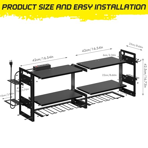 TOPRINCE Large Power Tool Organizer Wall Mount with Charging Station, 3-Tier Heavy Duty Metal Tool Rack with 8 Drill Holders and 6FT Power Strip, Garage Workshop Storage.Black