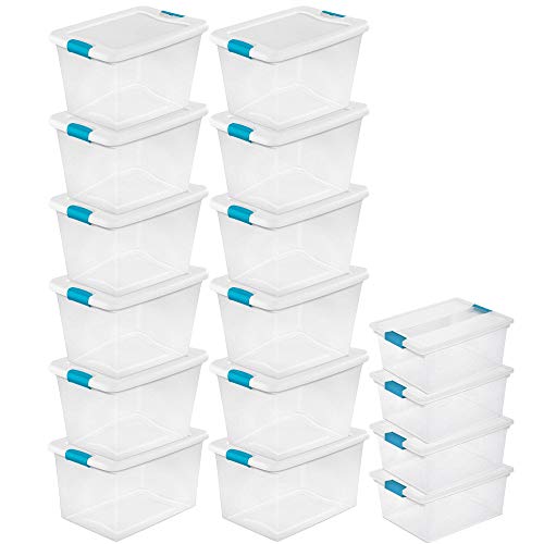 Sterilite 12-Pack 64 Qt Latching Box & 4-Pack Deep Clip Box, Clear Organizer Bins w/Lids – Stackable Plastic Tote Containers for Home, Closet, Office, Bathroom, and Bedroom Storage Organization