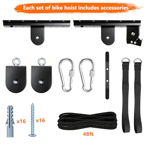 NYFITY Bike Hoist,Ceiling Mount Bike Hanger,Heavy Duty Bike Hangers for Garage,Bike Pulley System for Garage,Holds Up to 100 lbs,Ceiling Bike Hanger for Ebike,Road Bike,Fat Tire,Snowboard(2 Pack)