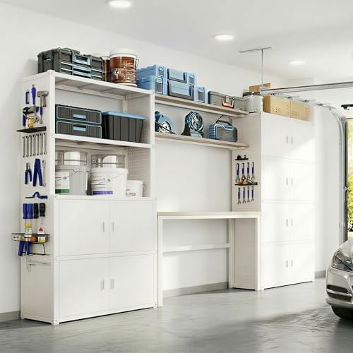 FLEXIMOUNTS Modular Garage Storage Cabinet System, All-in-One Garage Cabinet Set with Workbench & Pegboard, 6-Door with Open Shelf Access Heavy Duty Steel Tool Organization System, White, FLEXIMOD