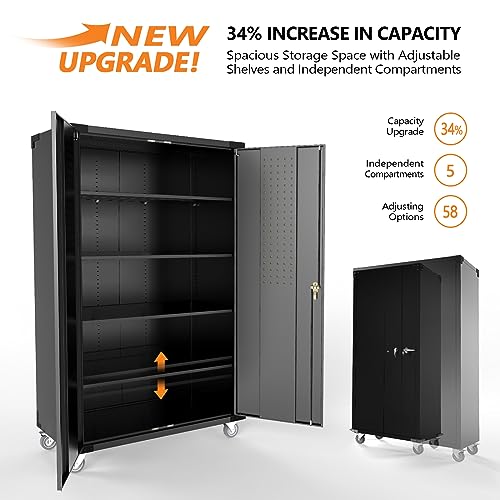 VINGLI Upgraded Wide & Deep Garage Storage Cabinet, Metal Storage Cabinet with Pegboards, Wheels, Locking Doors and Adjustable Shelves (Black, 43''W x 20''D x 72''H)