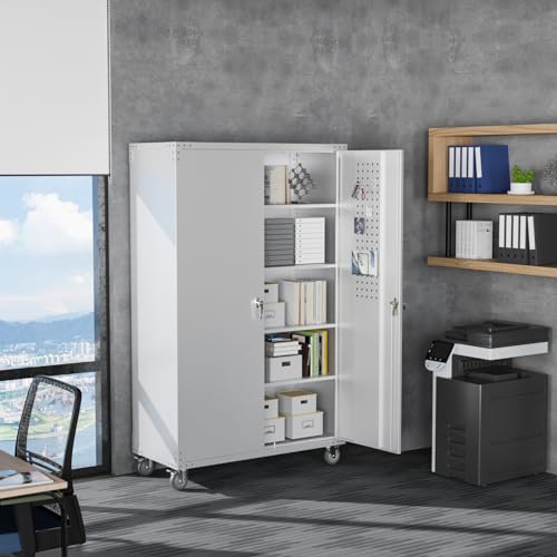 VINGLI Upgraded Wide & Deep Garage Storage Cabinet, Metal Storage Cabinet with Pegboards, Wheels, Locking Doors and Adjustable Shelves (Gray, 43''W x 20''D x 72''H)