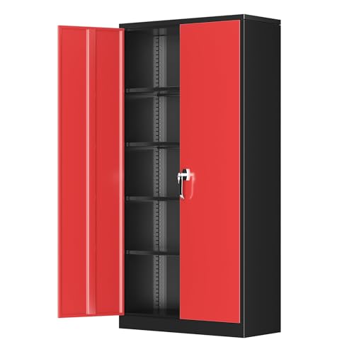 Greenvelly Metal Garage Storage Cabinet, 72" Black Red Tool Steel Locking Cabinet with Doors and 4 Shelves, Tall Cabinets for Garage Storage Systems Lockable File Cabinet for Home Office,Garage