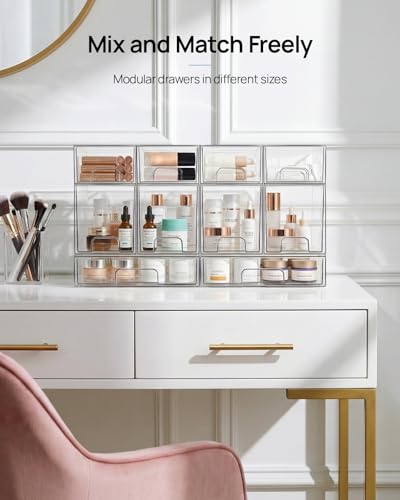 Vtopmart 4 Pack Small Clear Stackable Storage Drawers,Acrylic Bathroom Makeup Organizer,Plastic Storage Bins for Vanity, Undersink, Kitchen Cabinets, Pantry, Home Organization