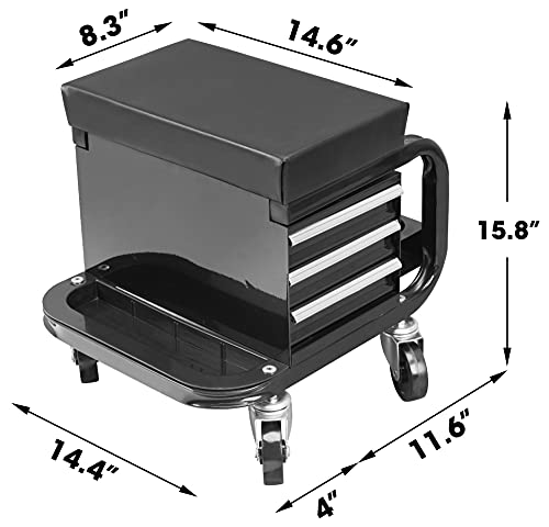 Torin APD2016AB Rolling Tool Chest/Tool Box with 3 Drawers and Wheels, Padded Mechanic Stool Creeper Seat, Black