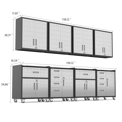 VIYET Garage Cabinet System | Heavy Duty Steel All-in-One Modular Garage Cabinet Set for Ultimate Workshop Organization | Easy Assembly Garage Storage Cabinets & Tool Bench