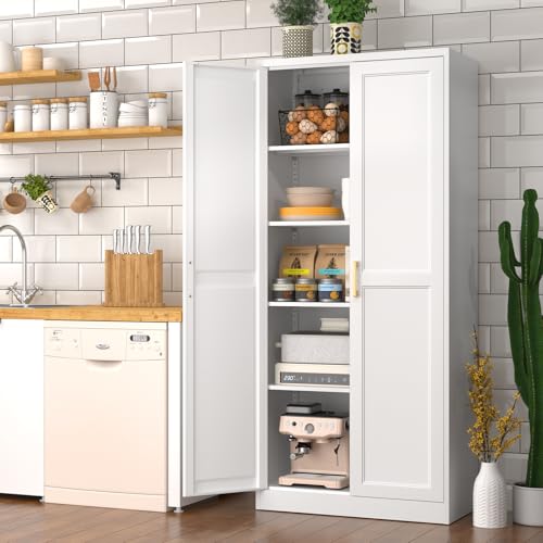 Polup White Kitchen Pantry Cabinet, 71 Inch Tall Metal Storage Cabinet with Doors and Shelves, Pantry Cabinets for Kitchen Storage, Freestanding Cupboard for Living, Dining Room, Assemble Required