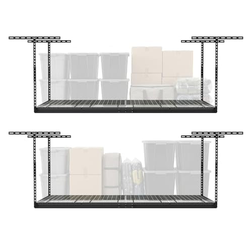 2-Pack 4 x 8 MonsterRax Overhead Garage Storage Rack, Ceiling Racks for Garage, Organization Shelving, Adjustable Hanging Shelf, Grey, 12"-21" Height Adjustment