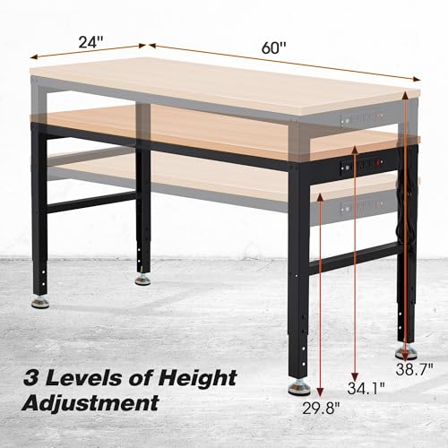 Antifir 60” Adjustable Workbench，Heavy Duty Wood Work Bench 2000 Lbs Load Capacity,Work Table with Power Outlet for Garage, Workshop, Office, Home