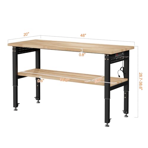 Albott 48" Adjustable 2-Tier Workbench with Solid Wood Top, Max 2500lbs Capacity, Built-in Power Strip with 4 AC Outlets & 2 USB Ports, Pegboard & 20 Hooks, Shop Garage Office