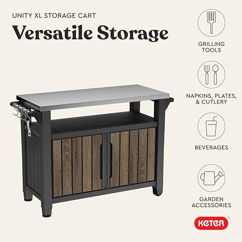 Keter Unity XL Outdoor Entertainment Cart with Wood‑Look Finish, 78‑Gallon Patio Storage Cabinet, Food Prep Station, Stainless‑Steel Top for BBQ, Grill, Patio, Deck & Backyard, Walnut