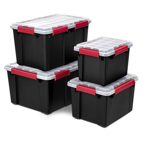 Sterilite 8 Pack Gasket Box, Stackable Plastic 20 Gallon Storage Container with Lids, Black - Waterproof and Dustproof Tote for Home Organization