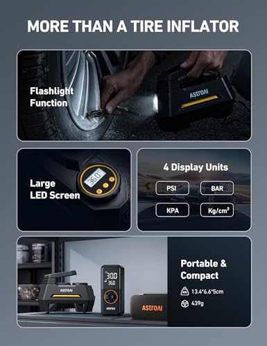 AstroAI AIRUN H Tire Inflator Portable Air Compressor,Fast Inflation Electric Air Pump for Car Tires-Car Accessories,9.8Ft Cord-12VDC-Powered Auto Shut-Off with Digital Pressure Gauge,LED Light,Yellow