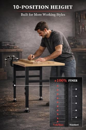 VekMax 48" Workbench with Feet, Adjustable Height Workbench with Power Strip & Pegboard, 2000LBS Load Capacity Solid Wood Top Work Table with Reinforced Steel Frame for Garage, Workshop, Office, Home