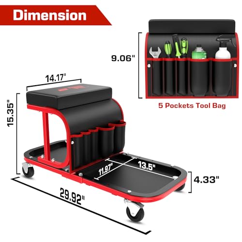 Rolling Shop Stool Chair with Wheels, Mechanic Garage Stool on Wheels, Auto Car Detailing Stools Seat with Tool Tray Storage for Garage Work, Workshop, Home, Garden, DIY, 300 LBS Capacity,Red