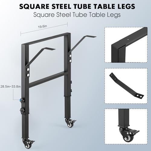19.6-Inch Depth Workbench Frame, Height Adjustable 28.5" to 33.8",Set of 4 Metal Wheels with Brakes, Heavy Duty Industrial DIY Furniture Legs for Study（Power Outlets/Wheel）