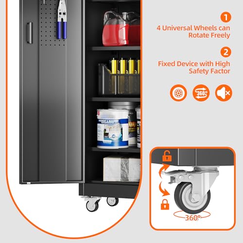 SUXXAN Metal Storage Cabinet with Wheels and Pegboard, 71" Tall Industrial Heavy Duty Steel Cabinet with 5 Adjustable Shelves & Locking Doors for Garage, Office, Pantry, Warehouse, Black