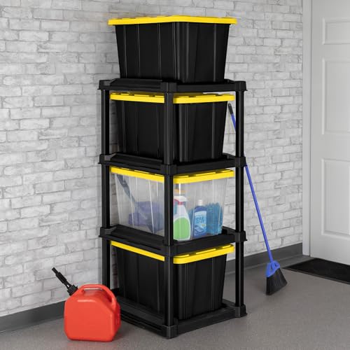 Sterilite 4 Tier Tote Rack, Vertical Plastic Storage Organizer Unit, Black - Standing Shelves for Industrial Utility Tote Organizers in Garages, Workshops, Laundry Rooms, and Basements