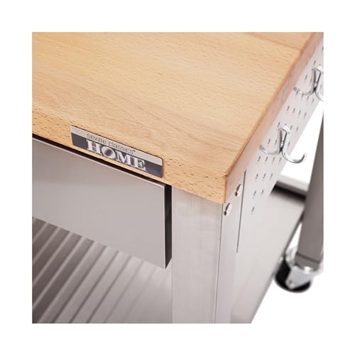 Seville Classics Commercial Work Table Island Utility Cart Prep Station, for Restaurant, Kitchen, Warehouse, Garage, Hotel, Home, Stainless-Steel, Solid Wood Top, 48" W x 24" D