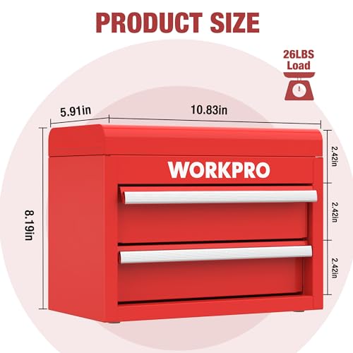 WORKPRO Mini Metal Tool Box with 2 Drawers and Top Storage, Small Tool Chest with PVC Liners and PP Feet Pads, Cold Rolled Steel Toolbox with Magnetic Tab