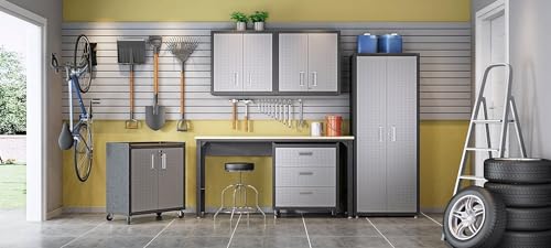 Manhattan Comfort Fortress Floating Garage Storage Cabinet with Adjustable Shelves and Lock, Recessed Handles, Metal Wall Mounted Lockable Utility Cabinet, Steel Garage Storage in Black and Grey