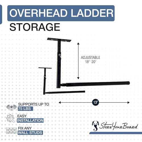 StoreYourBoard Adjustable Overhead Ladder Rack – Garage Organizer Ladder Shelf for Step & Extension Ladders - Storage Racks and Shelving for Garage Organization - Ceiling Mounted - Holds 75 lbs