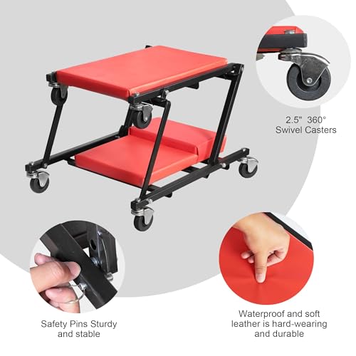 BIG RED ATR6505R-2 Torin Z-Creeper Seat: 36" Foldable Creeper, 2-in-1 Garage Shop Creeper for Auto Repair with 6pc Wheels, 300 lbs Capacity - Red
