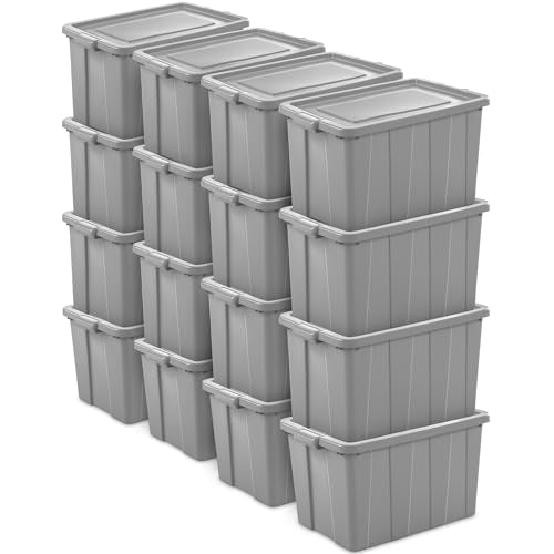 Sterilite Tuff1 30 Gallon Plastic Stackable Temperature and Impact Resilient Basement/Garage/Attic Storage Tote Container Bin with Lid, Gray (16 Pack)