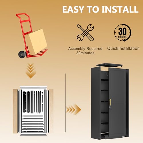 Lusiwry Tall Narrow Slim Metal Storage Cabinet with Lock and 5 Adjustable Shelves,Steel File Cabinets,Kitchen Pantry Cabinet Locker Organizer - 67" Storage Cabinets for Bathroom,Bedroom,Office,Black
