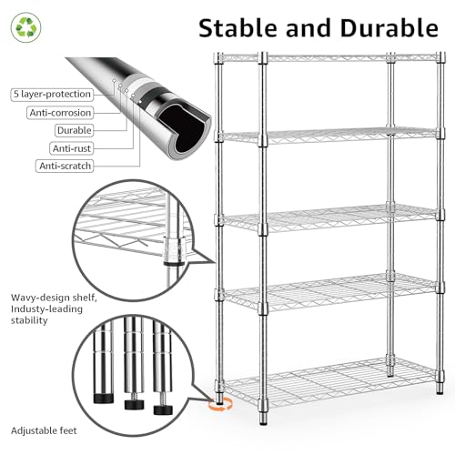 M MZG 1250 lbs Steel Heavy Duty 5-Tier Utility Shelving Unit Steel Organizer Wire Rack for Home,Kitchen,Office,Chrome (13.7" D x 23.6" W x 62.4" H)