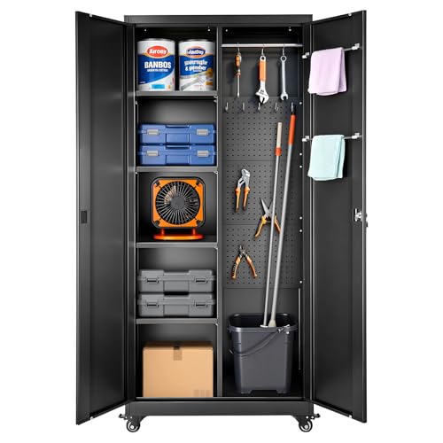 VEVOR Metal Storage Cabinet, 70.6 in Rolling Steel Garage Cabinet with Adjustable Shelves, 2 Magnetic Doors, Hanging Rod & 3 Rod Hooks, 5 Tiers Lockable Tool Storage for Pantry, Warehouse, Basement