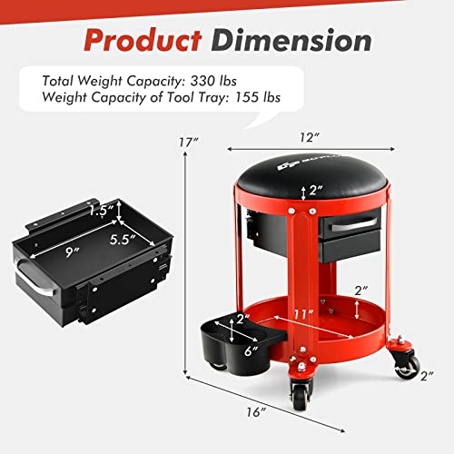 Goplus Rolling Mechanic Stool, Shop Stool Creeper Seat with Removable Padded Seat, 2 Drawers, Tool Tray, Twin Can Holder, Universal Wheels, Round Garage Workshop Chair, 330 Lbs Max Capacity (Red)