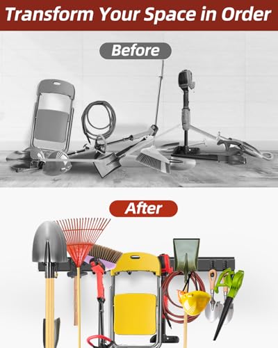 LRYXEG 48-Inch Garage Storage Tool Organizer with 8 Hooks - Heavy Duty Metal Rack for Garage Organization, Garden Tool Organizer - Wall Mounted Tool Hanger for Shovels, Ladders, Lawn Tools