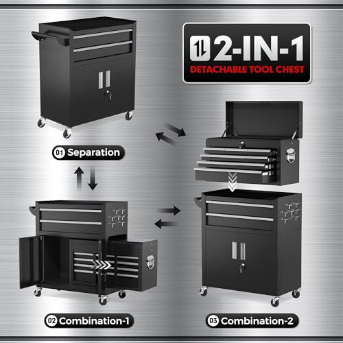 INTERGREAT 8-Drawers Rolling Tool Chest, Assembled Tool Chest with Wheels, Detachable Top Tool Box, Tool Cabinet for Repair Room,Warehouse, Rolling Tool Box with Hooks,Tray Divider,Liners(Black)