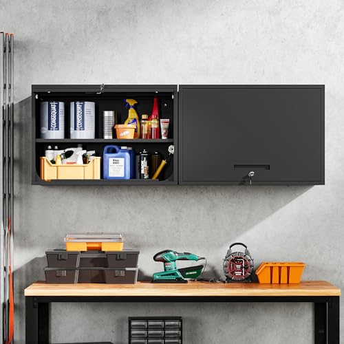 Yizosh Metal Garage Wall Cabinet with Doors and Shelves, Wall Mounted Metal Storage Cabinet, Floating Garage Tool Cabinet for Garage, Basement, Kitchen, Warehouse (Black, 21.6" H)