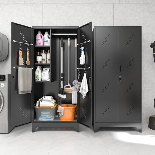 YILFANA 75" Metal Storage Cabinet with Lockable Doors, Functional Garage Storage Cabinets, Heavy-Duty Tool Organization Cabinet with Hanging Rod & S-Hooks (75" Utility Closet)