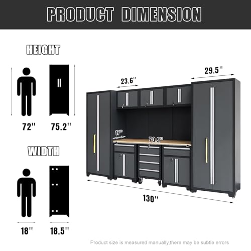 HPDMC Garage Storage Cabinet System 9-Pcs Workshop Set Garage Cabinets and Storage System with Steel Cabinet Drawers, Rolling Chest, Workbench, Pegboard for Garage Tool Organization, Black
