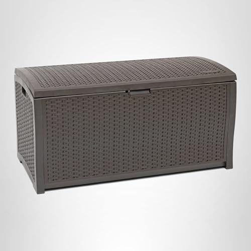 Suncast DBW9200 99 Gallon Outdoor Wicker resin Patio Storage Chest Bin with Handles for Patio, Garden, Garage, or Pool for All Weather, Mocha