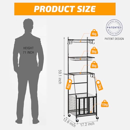 PLKOW Alloy Steel Sports Equipment Storage, Indoor/Outdoor Sports Rack, Ball Storage Organizer with Basket and Hooks For Toy/Sports Gear for Garage