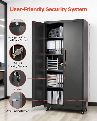 VEVOR Metal Storage Cabinet, 70.6 in Rolling Steel Garage Cabinet with Adjustable Shelves, 2 Magnetic Doors, Hanging Rod & 3 Rod Hooks, 5 Tiers Lockable Tool Storage for Pantry, Warehouse, Basement
