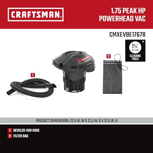 CRAFTSMAN CMXEVBE17678 1.75 Peak HP Wet Dry Vac Powerhead, Portable Shop Vacuum Compatible with a 5 Gallon Bucket (Sold Separately) with Filter Bag and Hose for Jobsite, Outdoor Cleaning