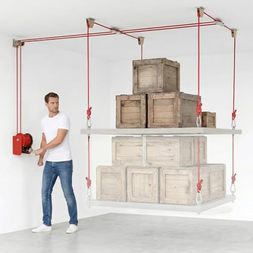 Overhead Garage Storage Lift Hoist, 400 lbs Ceiling Garage Hoist System with Hand Crank, Heavy Duty Double Rope Pulley Lift, Adjustable Garage Organizer for Bikes, Kayaks & Storage Bins (No Platform)