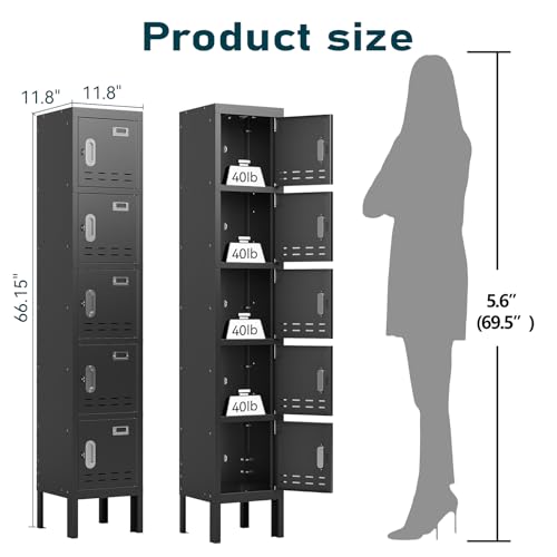 BUTISOW Metal Lockers - 66" Height Steel Lockers for Employees with 5 Door Storage Locker with Card Slot for Employees Gym School Home Office Garage - Assembly Required