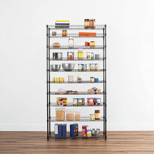 SafeRacks 10-Tier Pantry Shelf, Metal Wire Shelving Unit with Adjustable Shelves & Feet, Anti-Tip Kit, NSF Certified Steel Storage Rack for Kitchen or Garage Black 14" DÌ—36" WÌ—68" H